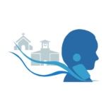 A historic church and school are faded in the background, representing the past, with a blue indigenous side profile in the foreground, with scarf blowing in the wind touching the faded church and school, representing their interconnectedness to the present. 