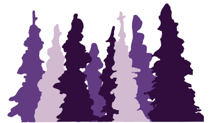 Stylized monochromatic violet evergreens.
